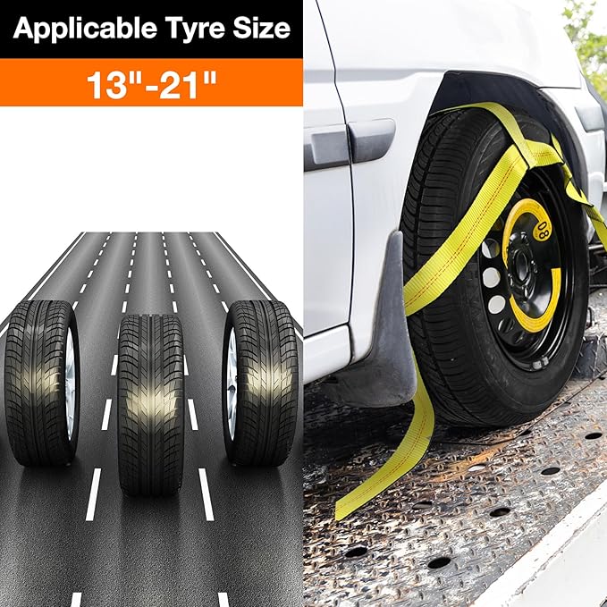 Adjustable Tow Dolly Basket Straps with Swivel J Hook-2 Pack,Car Wheel Strap Tire Bonnet Net Fits 13"-21" Tires Auto Universal Vehicle Car Dolly Ropes Accessories 10,000lbs Break Strength