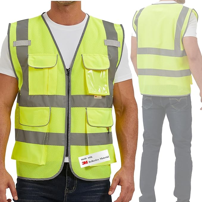 SIFE Reflective Safety Vest High Visibility Vest With 7 Pockets And YKK Zipper, ANSI/ISEA Class 2 Standard, Made With 3M Reflective Tape(03Y-Yellow Mesh,2XL)