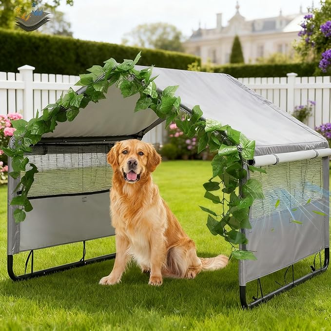 Large Dog House Shade Shelter Outdoor Tent for Large Medium Dogs, Outside Sun Rain Canopy Pet House for Homeless Cats Pigs Livestock with Rainproof Cover with Artificial Grapevine Leaves