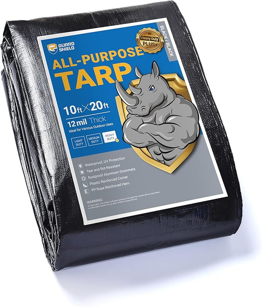 GUARD SHIELD Heavy Duty Tarp 10x20 Feet Black Tarp Large Outdoor Tarps Waterproof with Grommets Cover 12mil