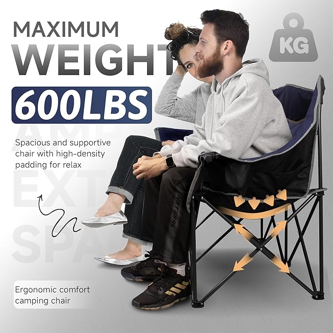 Double Camping Chair, Padded Loveseat Camping Couch, Oversized 2 Person Camp Chairs with Carry Bag,Heavy Duty Folding Lawn Chair for Adults Portable Outdoor Folding Sofa for Patio Backyard, Blue