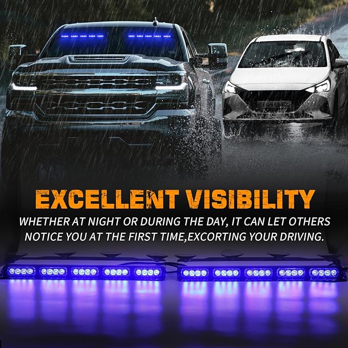 XRIDONSEN 2x 17 inch Blue Emergency Lights Bar 40 LED Dash Strobe Lights Interior Front/Rear Windshield Lights Safety Flashing Warning Hazard Light for Ambulance Firefighter Police Vehicles Trucks Car