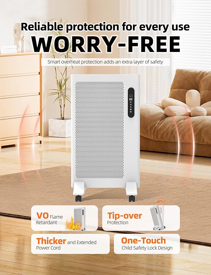 Mica Infrared Space Heater, 1500W Portable Panel Heater for Indoor Use, Large Room, WiFi Smart App & Alexa Control, Fast Heating, Energy Efficient, Quiet, White