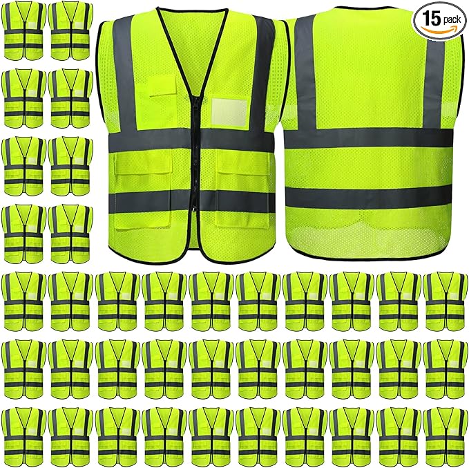 Newcotte 15 Pack Safety Vests Bulk Yellow Reflective High Visibility Vest with Mesh Pocket Zipper, Hi Vis Silver Strip for Men, Neon
