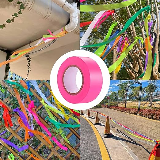 6 Pack Pink Flagging Tape, Non-Adhesive Plastic Ribbon Neon Marking Roll, 1inch*600ft, Marking Tape for Tree Marking, Hunting, Boundaries and Hazardous Areas,Trail Marking