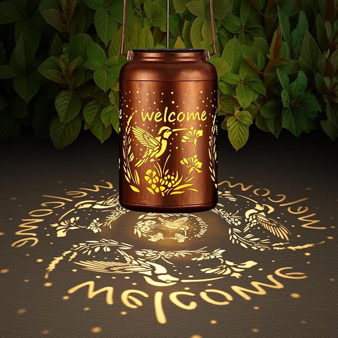 Solar Lantern Outdoor Hanging Waterproof Outside Metal Openwork Hummingbird Pattern Birthday Gifts for Women Mom Landscape Lights for Porch Garden Yard Patio Pathway Decor（Hummingbird）