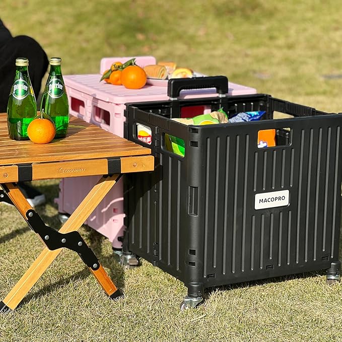 Folding Utility Cart Portable Rolling Crate Handcart Shopping Trolley Collapsible Tool Box, with Lid, Basket on 4 Rotate Wheels, for Grocery, Office, Luggage, Teacher (Black)
