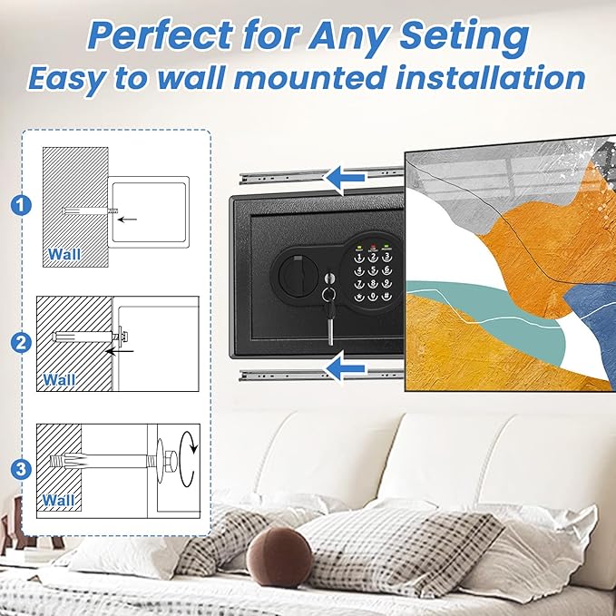 0.5 Cu ft Small Safe Box with Fireproof Waterproof Bag, Home Safe with Keys & Pass Code & Wall Mount Kits, Money Safe with Smart Alert System for Money, Jewelry, and Documents, 12.1''W×7.8''D×7.8''H