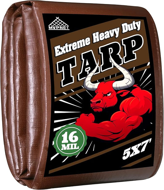 Tarp 5x7ft Heavy Duty Waterproof 16 Mil Tarps,UV-Resistant,Tear-Proof,Black&Brown Multipurpose Tarps,for Outdoor Pool,Camping,Tent,Roof,Garden Etc -by MVPNET