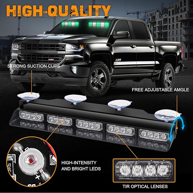 XRIDONSEN 2x 17 inch Green White Emergency Lights for Vehicles 40 LED Emergency Dash lights Interior Front/Rear Windshield Strobe Lights Safety Warning for Volunteer Firefighter Vehicles Trucks