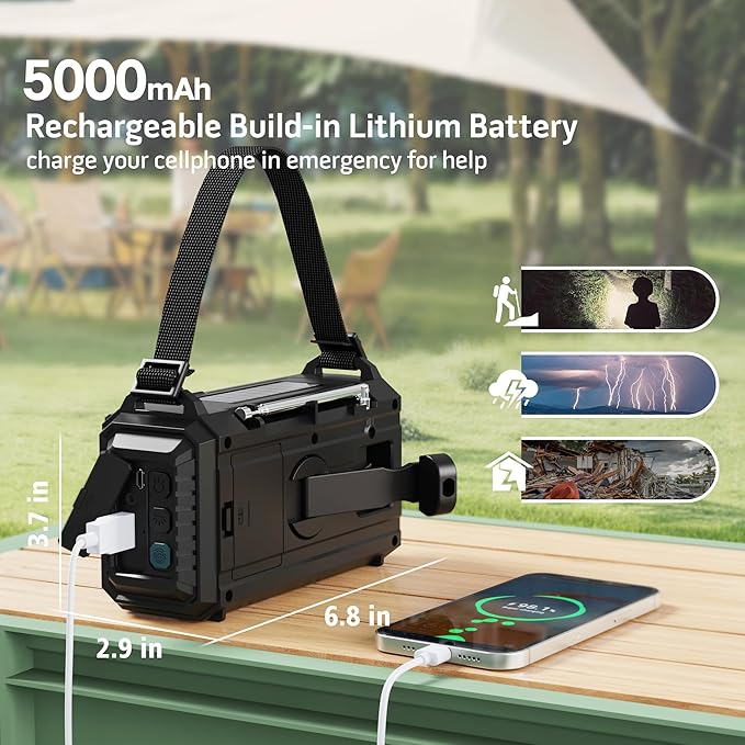 Emergency Weather Radio with AM/FM/NOAA/SW, 5 Ways Powered Solar Hand Crank Alert Radio with LCD Display&SOS, 5000 Portable Radio with Cellphone Charger, Flashlight, Reading Lamp, Headphone Jack