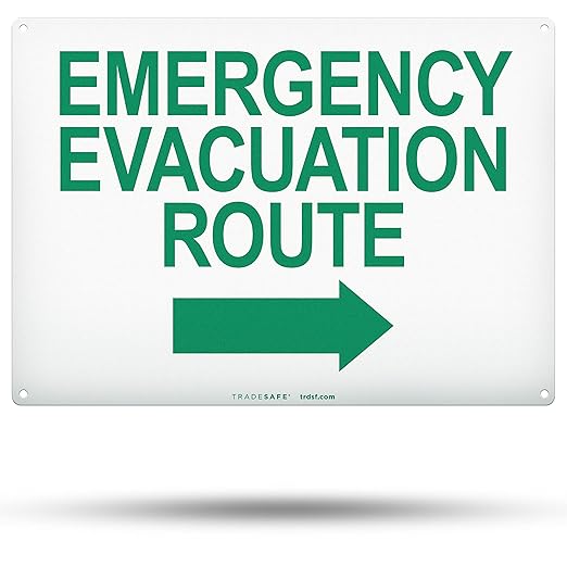 TRADESAFE Emergency Evacuation Route Arrow Right Sign – Wall Signs, Quick Install Aluminum Safety Sign, Light Reflective, UV-Resistant, Waterproof, 14” X 10” Signs for Business