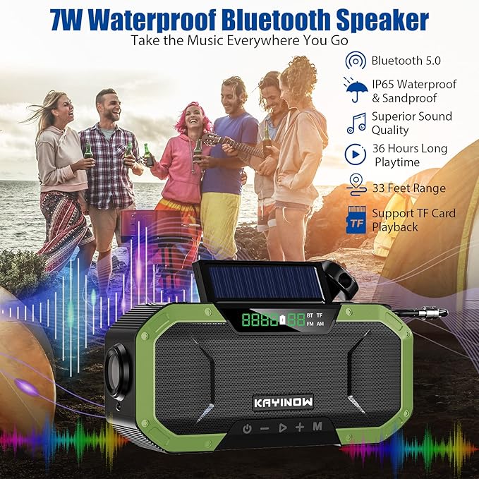Hand Crank Solar Power Emergency Radio with Waterproof Bluetooth Speaker,Portable AM FM NOAA Weather Radio,5000mAh Rechargeable Battery Operated,Phone Charger,Flashlight,SOS,Survival Storm Camping