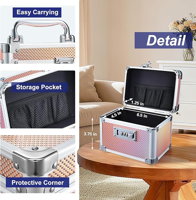 Adazzo Lockable Storage Box - Shiny Gold Medicine Med Lock Box, 7 * 5.25 * 5.75 Inches Safe Case with Combination Lock for Home, Dorm, Office, or Travel - Mini Size