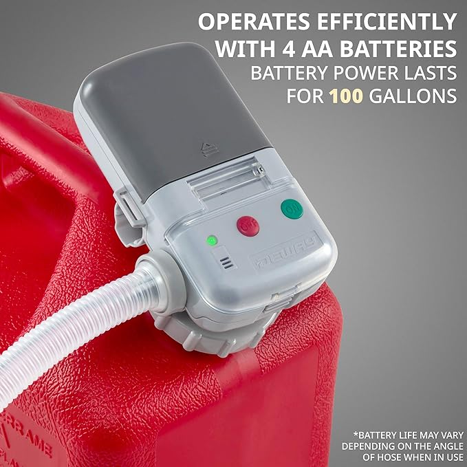 Deway Automatic Fuel Transfer Pump with Auto-Stop & Beeps When Tank Is Full, AA Battery Powered, Advanced Adapter Fits All Size Cans, Extra Long Hose, Portable Liquid Pump for Gasoline, Diesel & More