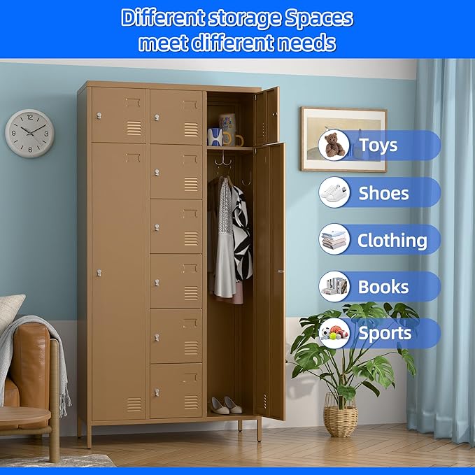 Metal Lockers for Employees with 10 Doors, 72" H Steel Lockable Storage Lockers with 6 Hooks and 10 Card Holder for Office, Home, Gym, School, Employees, Khaki