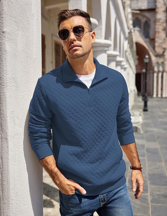 COOFANDY Mens Quarter Zip Pullover Quilted Sweatshirt Knit Long Sleeve Mock Neck Sweater Polo with Pocket
