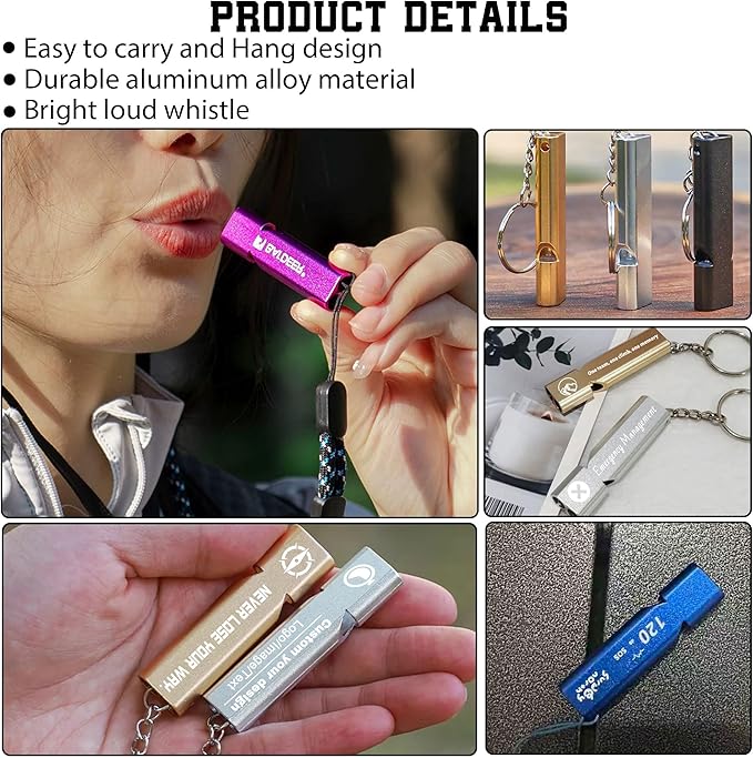 10Pcs Custom Emergency Whistles, Personalized Aluminum Safety Survival Whistle with Keychain, Engraved Name or Logo, Double Tube High Pitch for Outdoor Camping, Hiking, Boating, Fishing