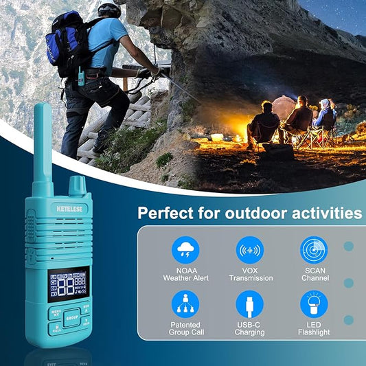 KETELESE T1 Walkie Talkies Long Range with Acoustic Tube Earpiece, Portable FRS Two-Way Radios, USB C Rechargeable walky Talky for Adults, for School Restaurant Church Business(2 Pack), Blue
