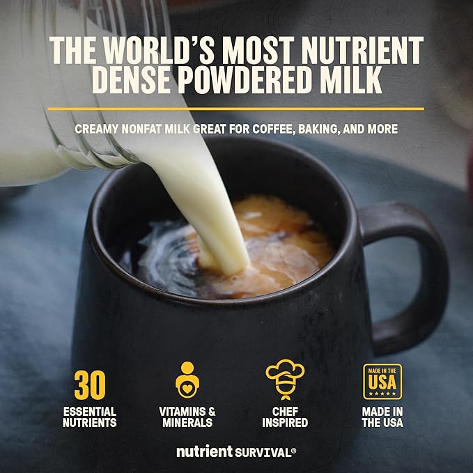 Nutrient Survival Vitamin Powdered Milk (4 Cans, 200 Servings), Freeze Dried Prepper Supplies & Emergency Food Supply, 21 Essential Nutrients, Soy & Gluten Free, Shelf Stable Up to 25 Years