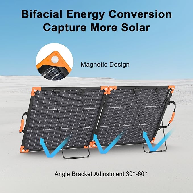 100 Watt Bifacial Portable Solar Panel for Power Station, 20V Foldable Solar Charger with IP68 Waterproof, 23.5% High Efficiency with 2 Reinforced Kickstands for Camping RV Off-Grid Blackouts