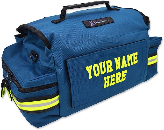 Lightning X Personalized First Responder EMT EMS Trauma Bag w/Stocked First Aid Fill Kit B & Custom Embroidered Name Patch (Blue)