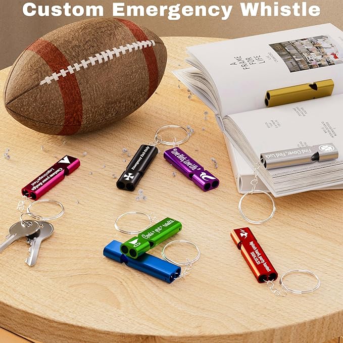 10Pcs Custom Emergency Whistles, Personalized Aluminum Safety Survival Whistle with Keychain, Engraved Name or Logo, Double Tube High Pitch for Outdoor Camping, Hiking, Boating, Fishing