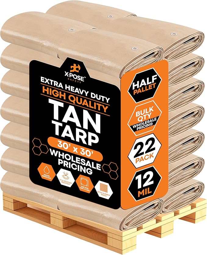 Heavy Duty Tan Poly Tarp 30' X 30' - Bulk Half Pallet (22 Pack) - Multipurpose Protective Cover - Durable, Weather Proof & Tear Resistant - 12 Mil Thick Polyethylene - by Xpose Safety