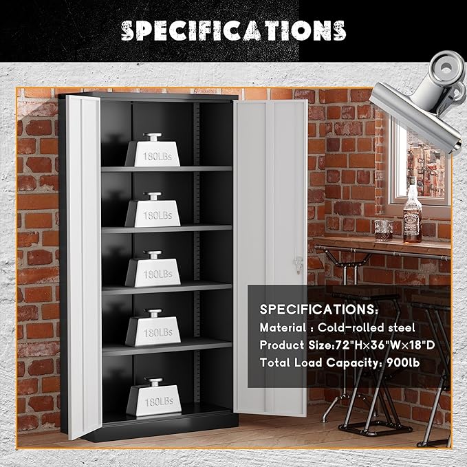 Greenvelly Metal Storage Cabinet, 72" Metal Garage Storage Cabinet with 2 Doors and 4 Adjustable Shelves,Steel Cabinets with Locking Doors for Home Office,Garage,School,Gym(Black Grey)