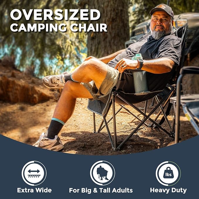 Oversized Folding Camping Chair for Adults Heavy Duty Padded Outdoor Chairs Big and Tall XL Picnic Chair with Cup Holders 400lb Capacity, Comfy for Lawn Sports and Outside Use