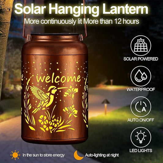 Solar Lantern Outdoor Hanging Waterproof Outside Metal Openwork Hummingbird Pattern Birthday Gifts for Women Mom Landscape Lights for Porch Garden Yard Patio Pathway Decor（Hummingbird）