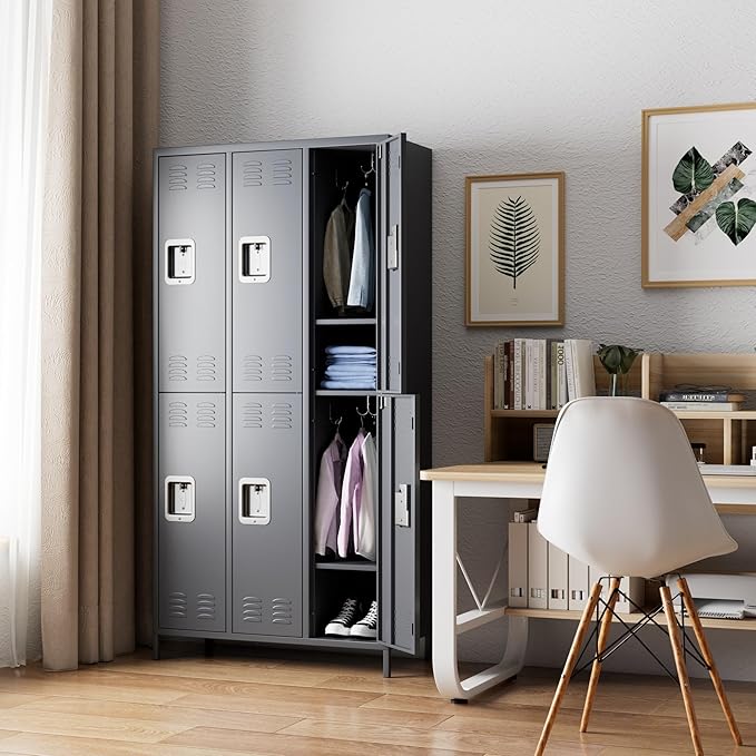 6 Doors Metal Lockers for Employees with Lock, Metal Locker with 18 Hooks for Office,Assembly Required,Dark Grey