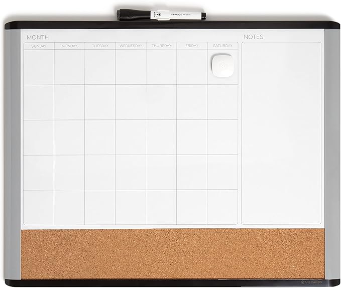 U Brands 3-in-1 Magnetic Dry Erase Calendar White Board, Black and Gray Frame, Magnet and Marker Included, 16" x 20" (6712U00-01)