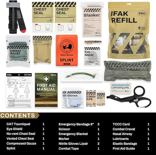 RHINO RESCUE IFAK Refill Kit 17Pcs with CAT Gen-7 Tourniquet, Emergency Tactical First Aid Kit Medical Supplies, IFAK Trauma Kit Combat Pack for Trauma Wound Care, Gunshot, Car & Camping