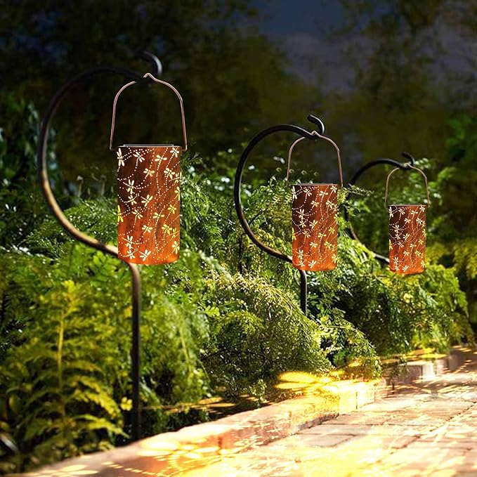 YISITEONE 4-Pack Solar Outdoor Hanging Lanterns, Waterproof Garden Table LED Lights, Metal Decorations for Patio Yard Lawn Front Porch, Gardening Gifts for Women Mom Grandma (2 Bohemian & 2 Dragonfly)