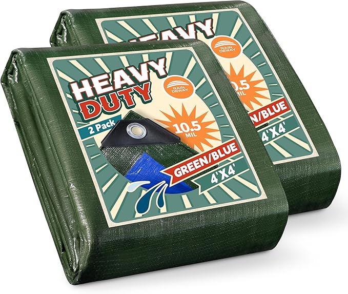 RAINDEWAY Small Waterproof Tarp 4x4 Feet (2 Pack),10.5 Mil Tarps Heavy Duty Waterproof with Metal Grommets and Reinforced Edges,UV Resistant,Durable,Green/Blue Tarp