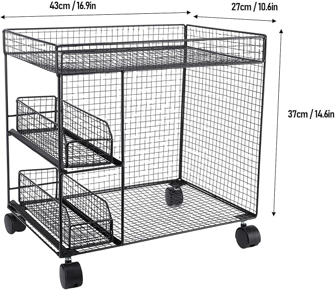 Mobile Storage Rack, Wide Opening Kitchen Storage Cart Rolling Utility Cart with 360 Rotating Wheels & Pull Out Baskets Kitchen Organizer for Bowls, Dishes, Utensils (Black)