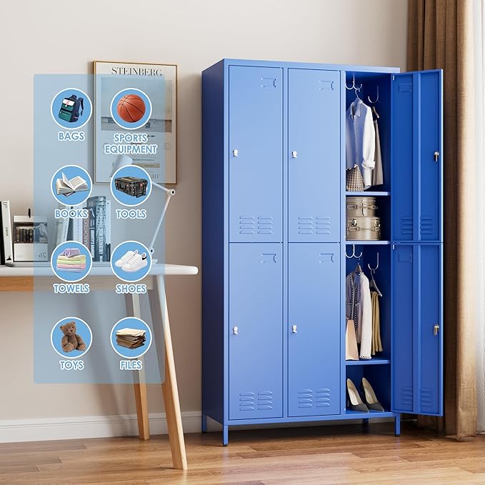6 Doors Metal Locker for Employees with 18 Hooks and Business Card Holder,Metal Locker with Ventilation Holes for School Garage Office Gym Home,Assembly Required,Blue