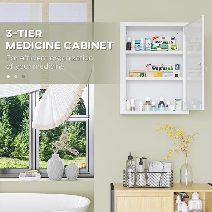 kleankin 16" x 21" Wall Medicine Cabinet with Lock, 3 Tier Steel Locking Wall Cabinet for Bathroom, Kitchen with 2 Keys, White