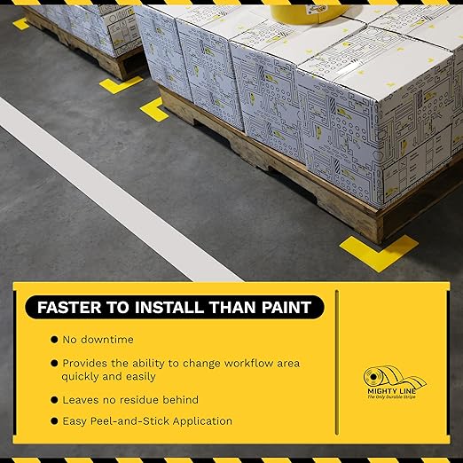 Mighty Line Solid Floor Marking Tape for Safety, Caution, Warning, Heavy-Duty, Peel and Stick Adhesive, Beveled Edge Design, Industrial Quality, 4 inch, 100' Roll, White