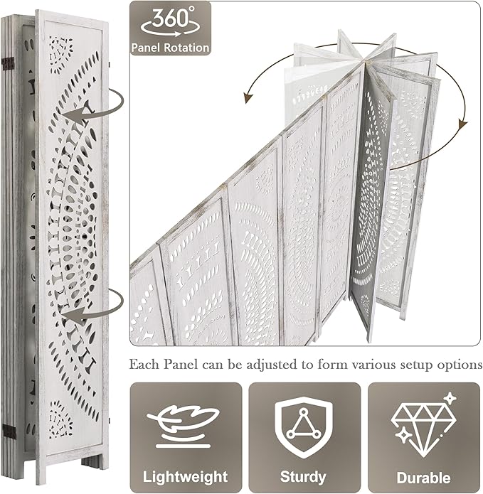 WelFurGeer Handcrafted Carved Wooden Room Divider Screen, Folding Privacy Screen for Room Separation, Decorative Room Dividers, 360° Adjustable Folding Panels for Privacy, Home, Office & Patio