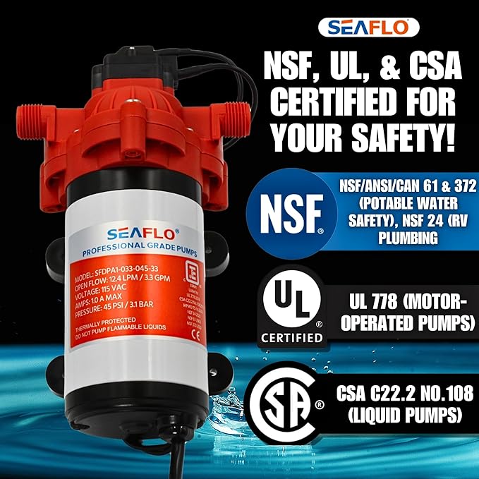 SEAFLO 33 Series Water 110V AC Pressure Pump - 115V AC, 3.3 GPM, 45 PSI, Self Priming, Smart Pressure Switch, for RV/Caravan/Marine/Industrial Use-NSF, CE & Rohs Certified, UL Listed, 4-Year Warranty