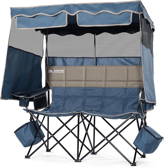 Double Beach Chair With Canopy Shade Camping Chair With Canopy Oversized Camping Chair With Removable Roof Folding Loveseat Chair With Two Cup Holders and Cooler Bag For Camping,Beach, Fishing