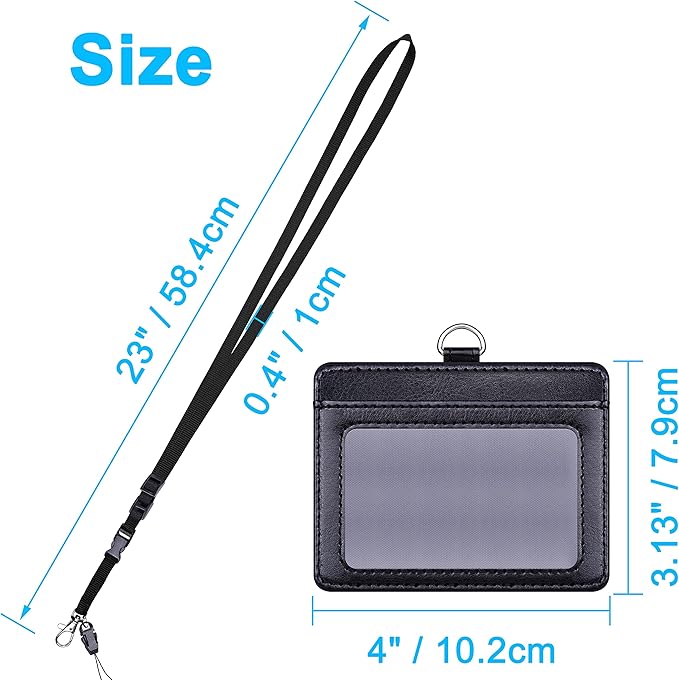 Wisdompro 2-Sided PU Leather ID Badge Holder with 1 ID Window and 1 Card Slot and 1 Piece 23 Inch Adjustable Polyester Detachable Neck Lanyard Strap (Holds 3 to 4 Cards) - Black (Horizontal)