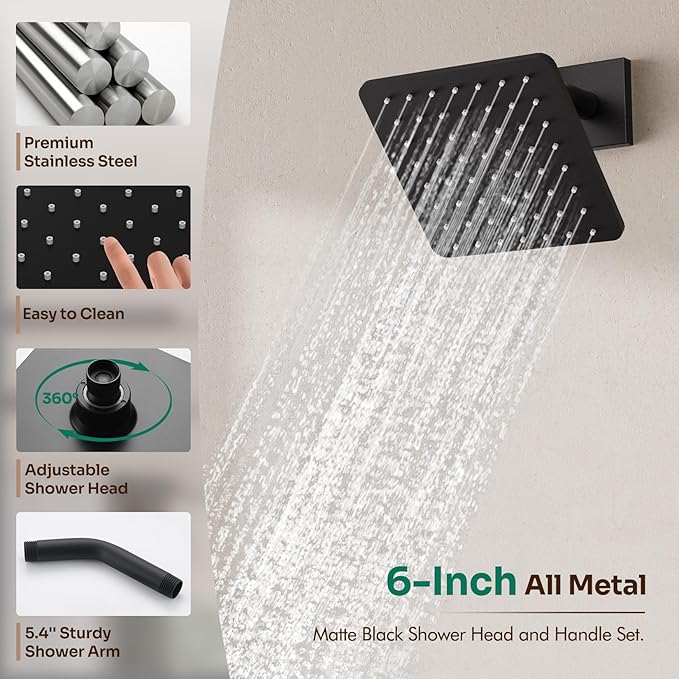 Replacement for Delta Faucet Shower Trim Kit 14 Series, Bathroom Shower Faucet Set with 6-Inch Matte Black Shower Head（Valve/Cartridge Not Included）