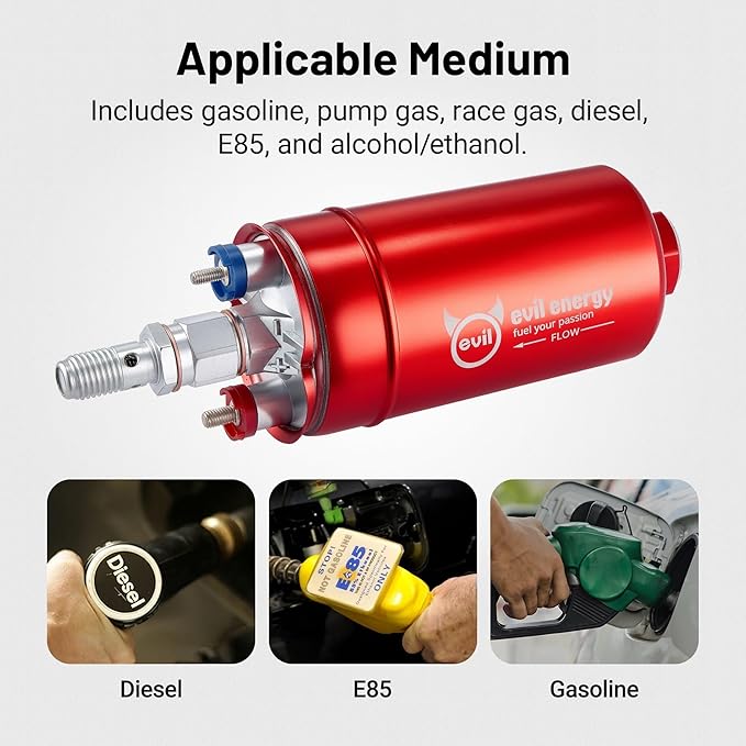 EVIL ENERGY External Inline Fuel Pump Electric 300LPH High Flow 12V with 60 mm Bracket Clamp Red