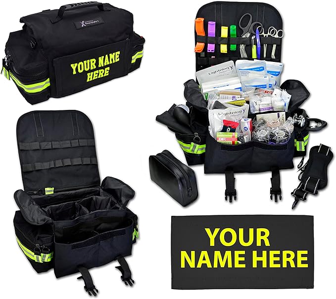 Lightning X Personalized First Responder EMT EMS Trauma Bag w/Stocked First Aid Fill Kit B & Custom Embroidered Name Patch (Black)
