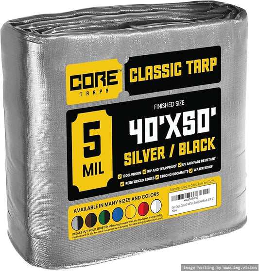 Core Tarps Classic 5 Mil Tarp Cover, Waterproof, UV Resistant, Rip and Tear Proof, Poly Tarpaulin with Reinforced Edges for Roof, Camping, Patio, Pool Cover, Boat (Silver/Black 40′ X 50′)