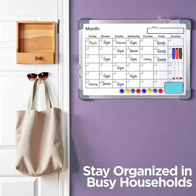 Large White Board Calendar Dry Erase Planner -Dual Side Magnetic Whiteboard for Fridge -Family Calendar Planning Boards w/Movable Hooks - Monthly Whiteboard with Lines, Memo, Pens & Eraser (16x12)