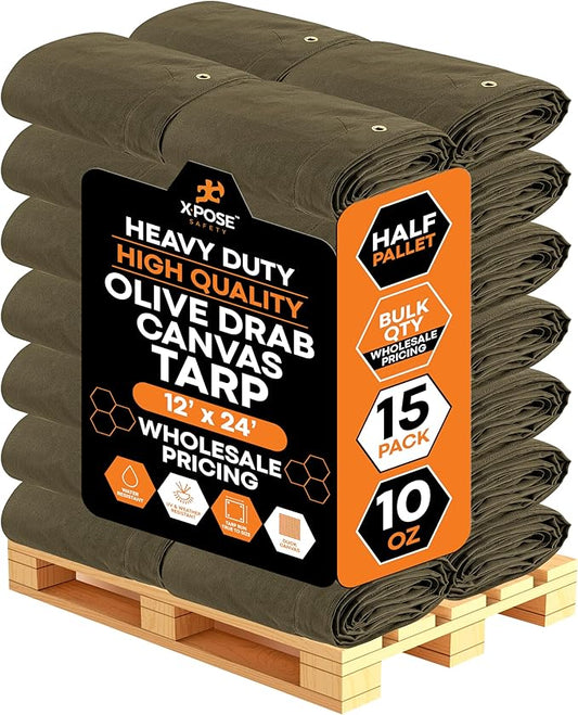 Xpose Safety 10oz Olive Drab Canvas Tarps 12' x 24' – Bulk Half Pallet (15 Packs) – Multipurpose Heavy Duty Water-Resistant Tarpaulin with Brass Grommets for Camping, Canopy & Equipment Protection